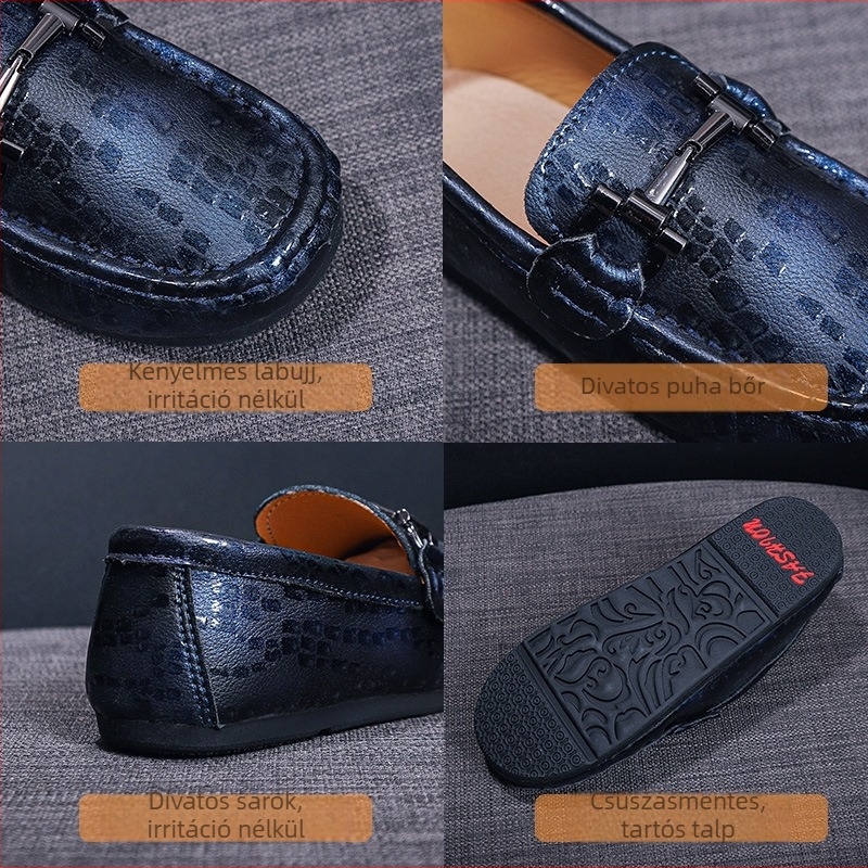 Fiúknak készült bőrlábú loaferok két réteg marhabőrből, gumitalppal, slip-on, brit stílus