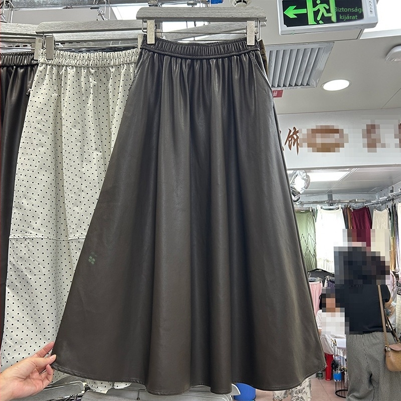 PU bőr esernyőszoknya, középméretű hosszú, őszi 2025, lazább japán-koreai stílus