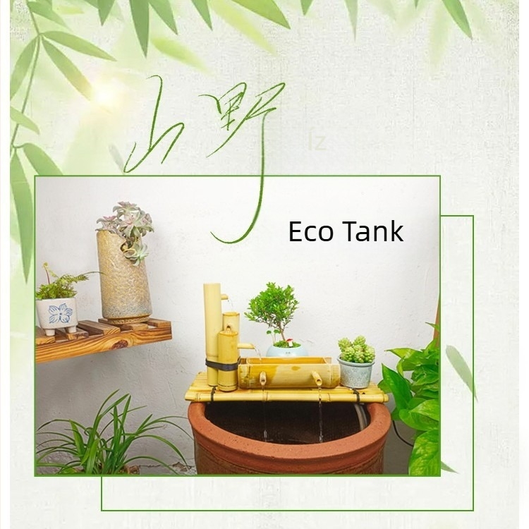 Bambuszból készült vízjelenet kerámiás akváriumi szűrővel, kézzel készített, pásztor-stílusú, Ink Bamboo márka
