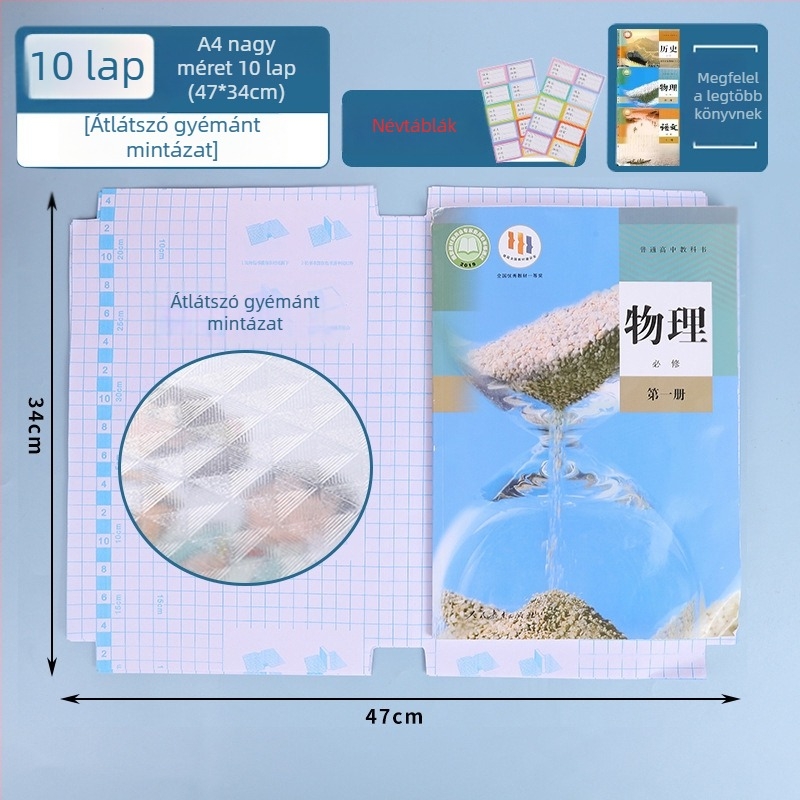 Átlátszó önszalagoló könyvborító gyémánt mintával, vízálló és csúszásmentes, víz alapú ragasztóval, diákok számára