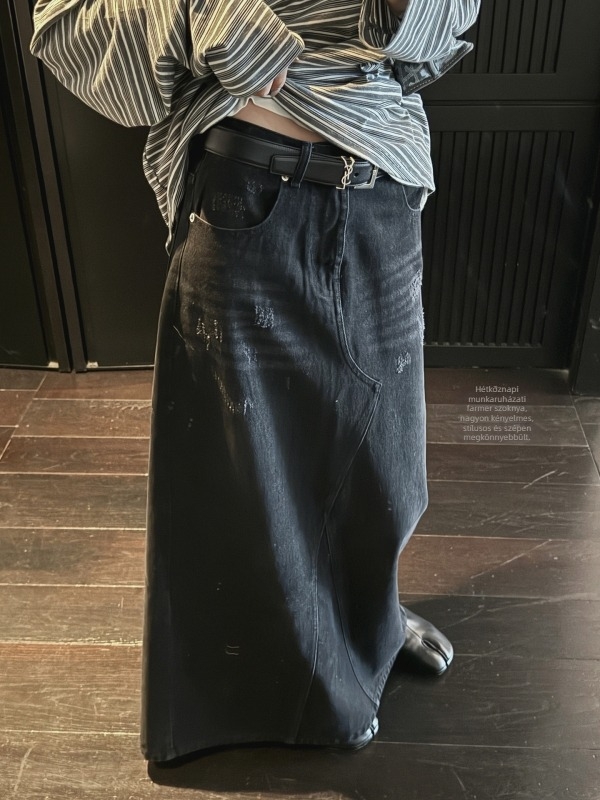 Denim A-vonalú hosszú szoknya, japán-koreai laza stílus, pamut-poliészter keverék, gyűrődésmentes