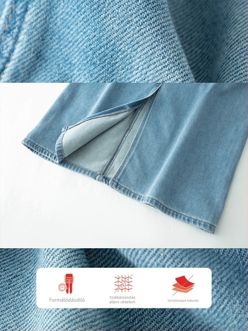 A-vonalú denim szoknya, magas derék, hátsó hasíték, középméretű hossz, pamut-Lyocell keverék (70–80% pamut, Lyocell <30%)