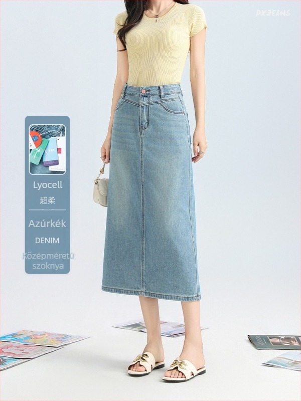A-vonalú denim szoknya, magas derék, hátsó hasíték, középméretű hossz, pamut-Lyocell keverék (70–80% pamut, Lyocell <30%)