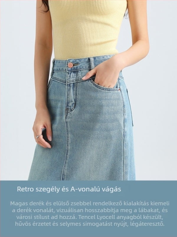 A-vonalú denim szoknya, magas derék, hátsó hasíték, középméretű hossz, pamut-Lyocell keverék (70–80% pamut, Lyocell <30%)