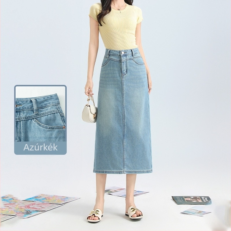 A-vonalú denim szoknya, magas derék, hátsó hasíték, középméretű hossz, pamut-Lyocell keverék (70–80% pamut, Lyocell <30%)