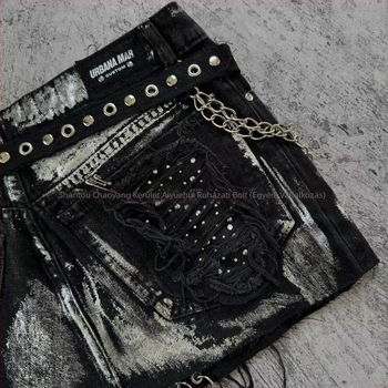 Denim midi szoknya - kopott, Y2K utcai stílus, hip vonal, 2024 tavasz, vasalásmentes.