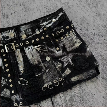 Denim midi szoknya - kopott, Y2K utcai stílus, hip vonal, 2024 tavasz, vasalásmentes.