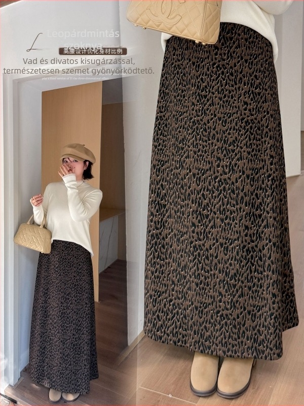 Plusz méretű női szoknya leopard mintával, téli magas derék, karcsúsított, egyenes szabás, irodai viselet 423616