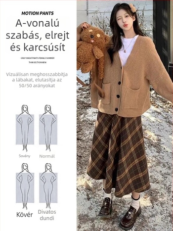 Kockás gyapjú ernyőszoknya, magas derekú, középméretű hosszúságú