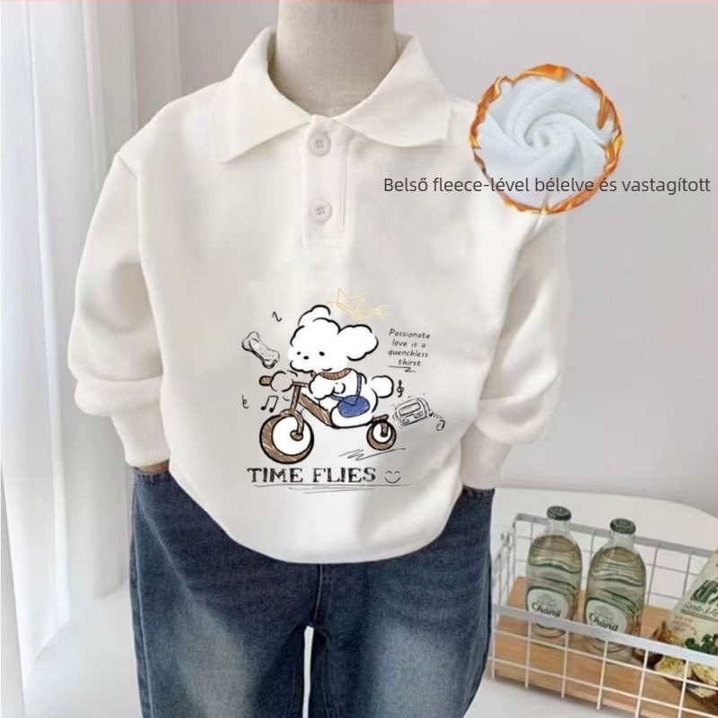 Gyerekeknek készült polo felső, 95% pamut, 5% spandex, fleece belső, hosszú ujjú, uniszex