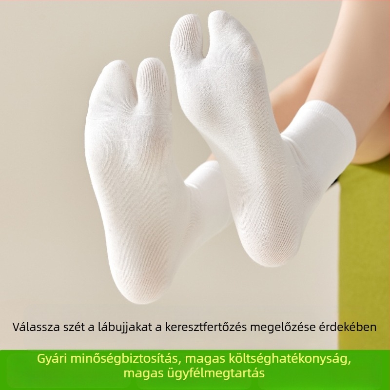 Női 100% pamut középmagasságú zokni, fehér, kettő ujjas, varrat nélküli, anti-pill hatású, illeszkedő a felosztott ujjas cipőkhöz
