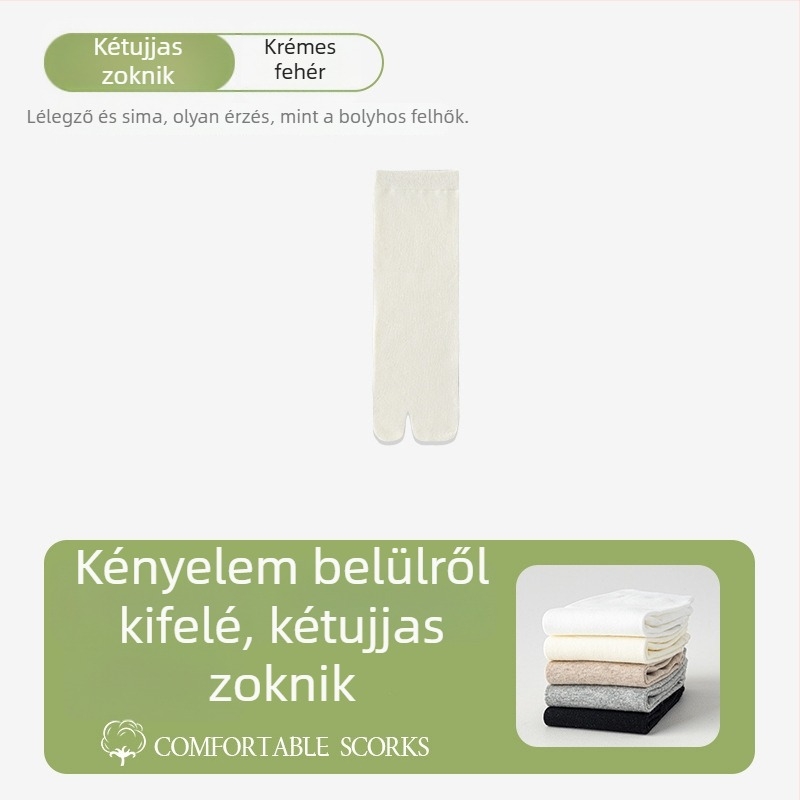 Női 100% pamut középmagasságú zokni, fehér, kettő ujjas, varrat nélküli, anti-pill hatású, illeszkedő a felosztott ujjas cipőkhöz
