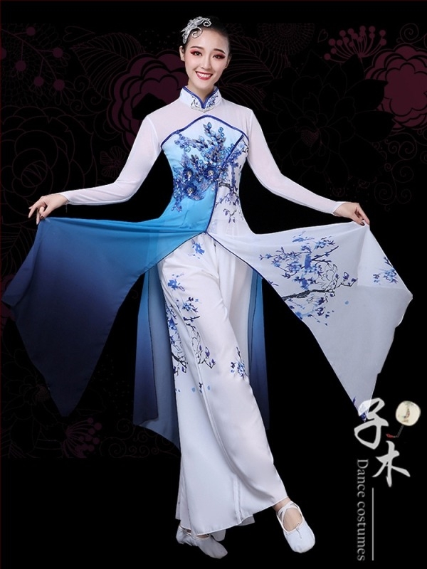 Női előadói tánckostüm kínai stílusban, porcelán motívummal, chiffon anyagból, Jiangnan stílusú esernyő-tánc