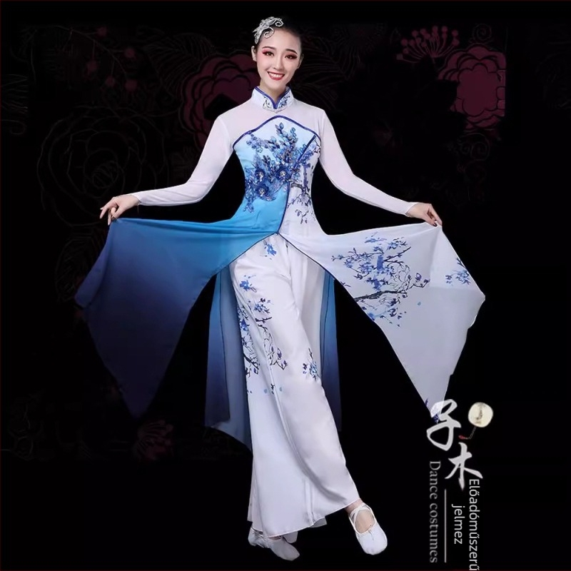 Női előadói tánckostüm kínai stílusban, porcelán motívummal, chiffon anyagból, Jiangnan stílusú esernyő-tánc
