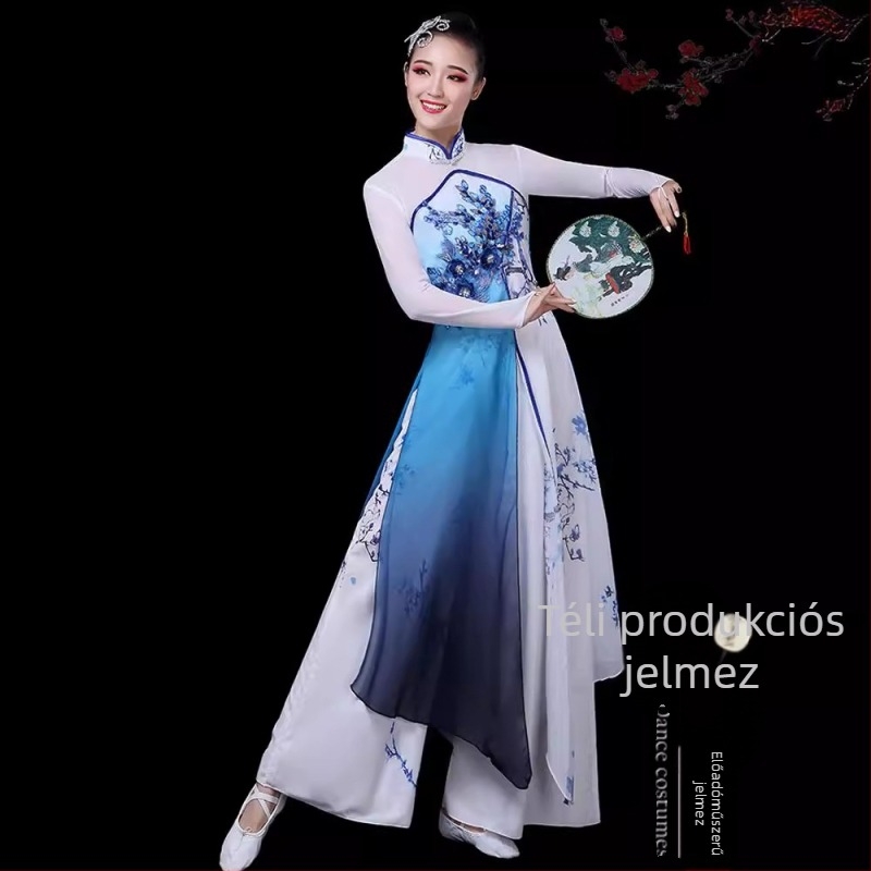 Női előadói tánckostüm kínai stílusban, porcelán motívummal, chiffon anyagból, Jiangnan stílusú esernyő-tánc