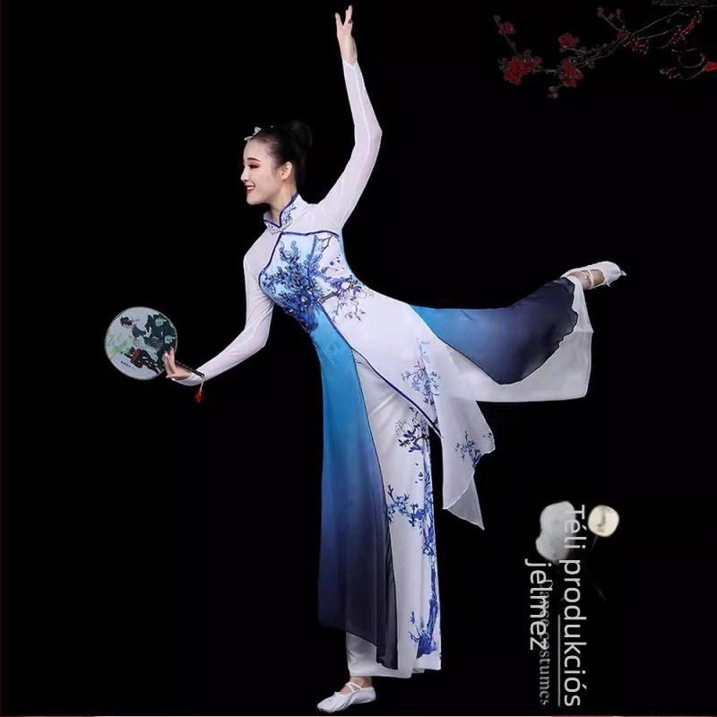 Női előadói tánckostüm kínai stílusban, porcelán motívummal, chiffon anyagból, Jiangnan stílusú esernyő-tánc