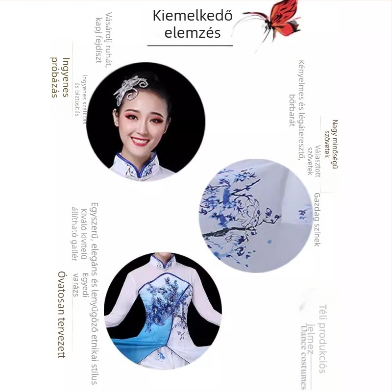 Női előadói tánckostüm kínai stílusban, porcelán motívummal, chiffon anyagból, Jiangnan stílusú esernyő-tánc