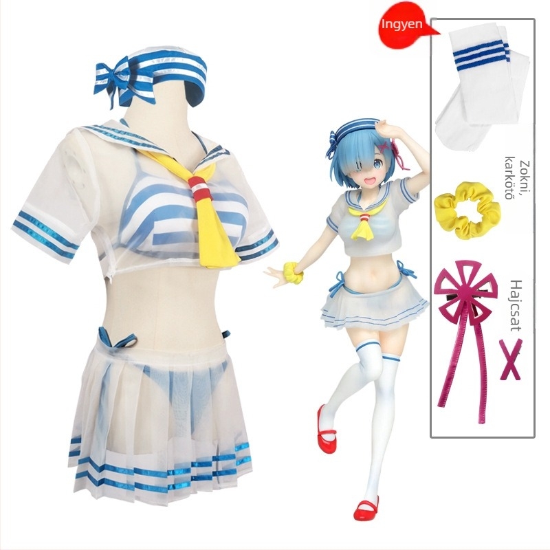 Cosplay jelmez Rem — Sailor ruha a Re:Zero animéhez, poliészter anyag (80% fő, 10% másodlagos), női, 18–24 év, játék/anime szerepjátékhoz.