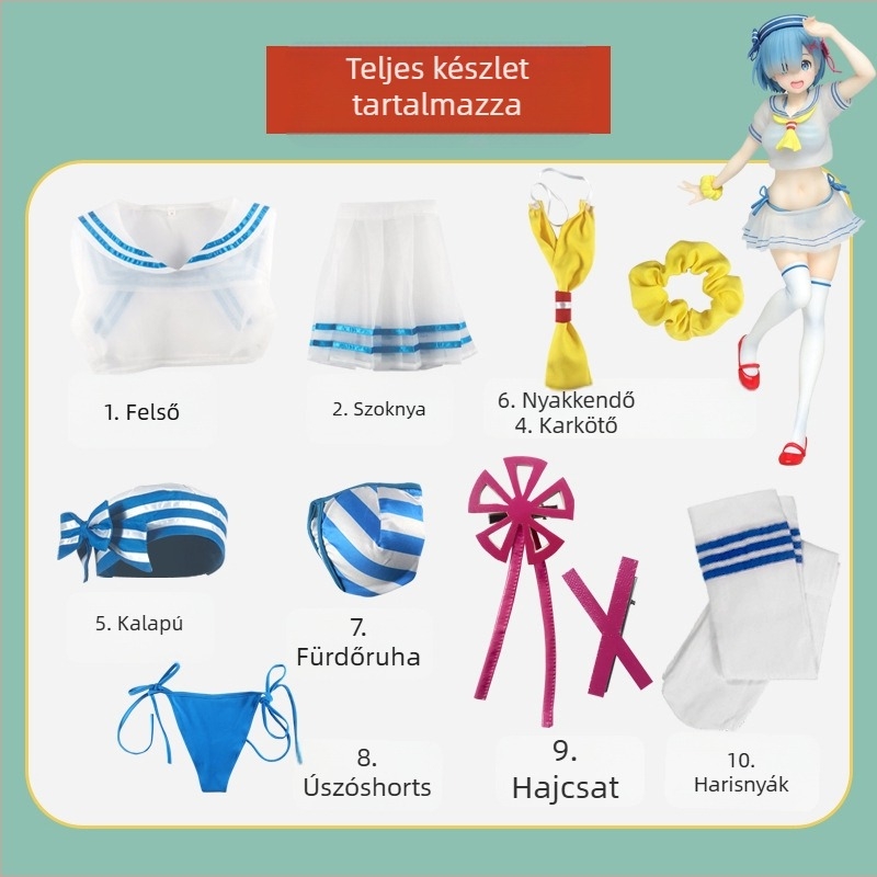 Cosplay jelmez Rem — Sailor ruha a Re:Zero animéhez, poliészter anyag (80% fő, 10% másodlagos), női, 18–24 év, játék/anime szerepjátékhoz.