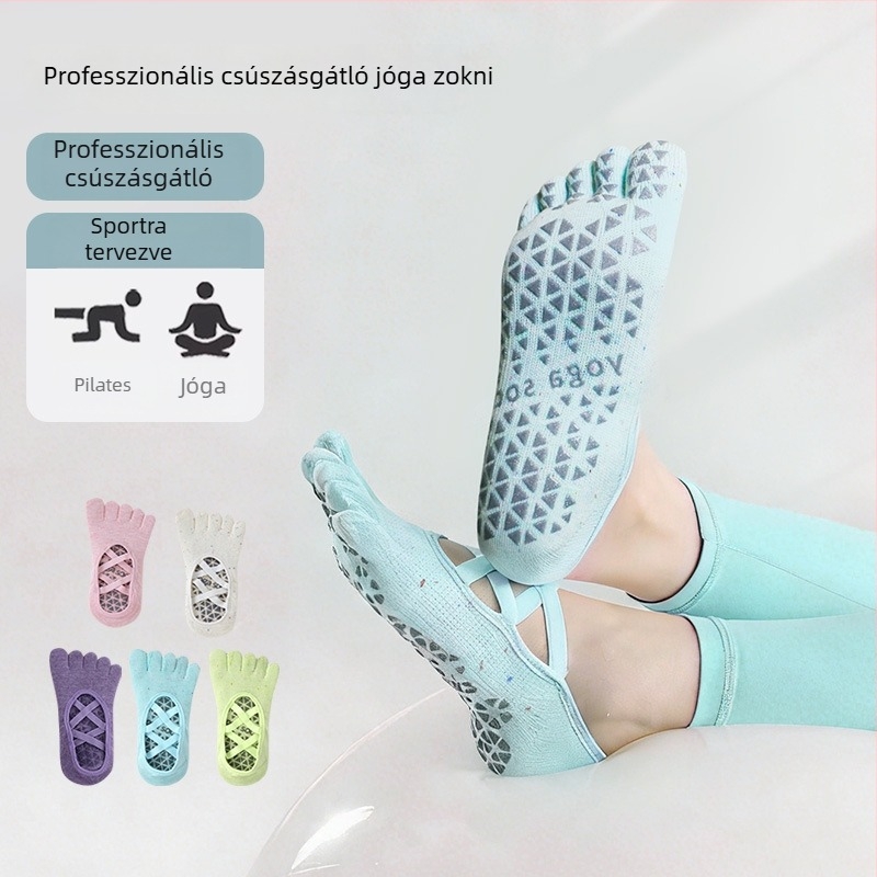Csúszásmentes Pilates zokni szétválasztott ujjaikkal és pántokkal, jóga- és táncedzéshez, nedvszívó pamut zokni öt ujjal