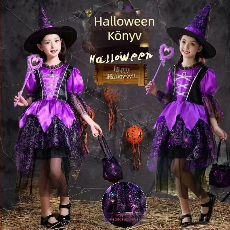 Halloween jelmez lányoknak: boszorkány ruha játékhoz és cosplayhez, hálós anyag, poliészter és acetát, 17 év alattiak számára