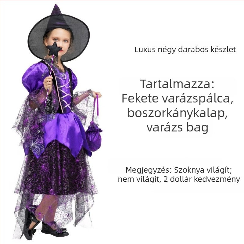 Halloween jelmez lányoknak: boszorkány ruha játékhoz és cosplayhez, hálós anyag, poliészter és acetát, 17 év alattiak számára