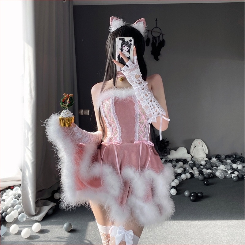 Karácsonyi cosplay szobalányruha, sűrű bársony anyag, poliészter fő anyag, színpadi jelmez, 18–24 éveseknek, címkével