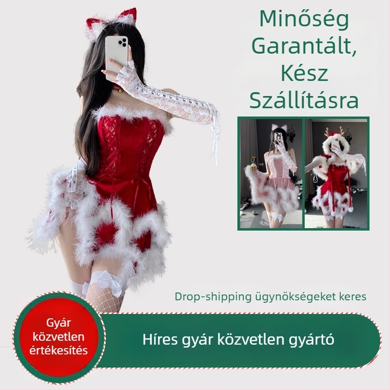 Karácsonyi cosplay szobalányruha, sűrű bársony anyag, poliészter fő anyag, színpadi jelmez, 18–24 éveseknek, címkével