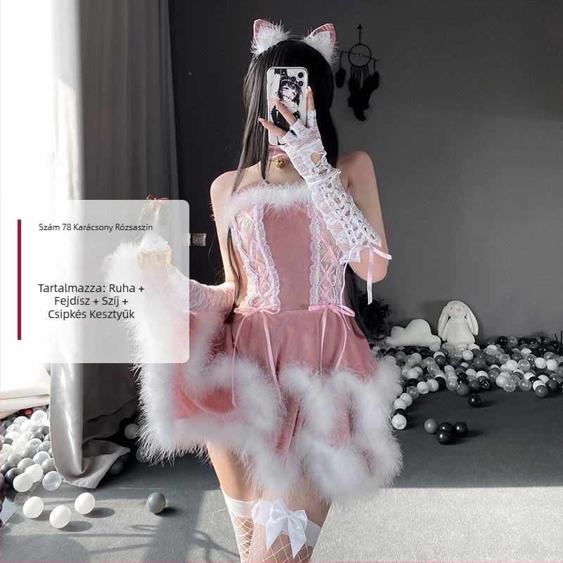 Karácsonyi cosplay szobalányruha, sűrű bársony anyag, poliészter fő anyag, színpadi jelmez, 18–24 éveseknek, címkével
