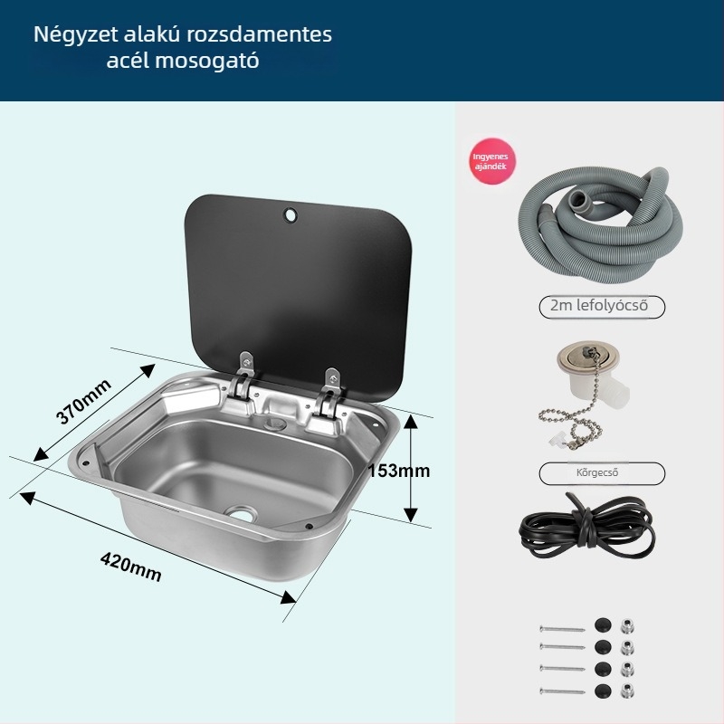 RV mosogató fedéllel, összecsukható felsőfedéllel, egymedencés rozsdamentes acél négyszögletes mosogató (Márka: Yumu; kompatibilis RV-vel)