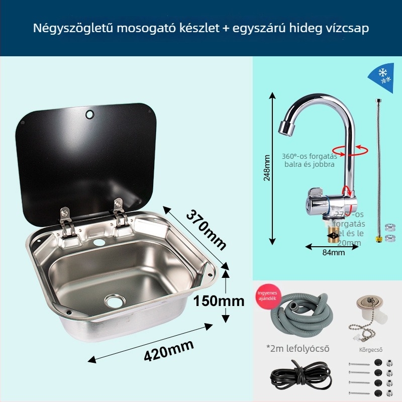RV mosogató fedéllel, összecsukható felsőfedéllel, egymedencés rozsdamentes acél négyszögletes mosogató (Márka: Yumu; kompatibilis RV-vel)
