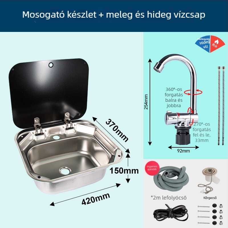 RV mosogató fedéllel, összecsukható felsőfedéllel, egymedencés rozsdamentes acél négyszögletes mosogató (Márka: Yumu; kompatibilis RV-vel)