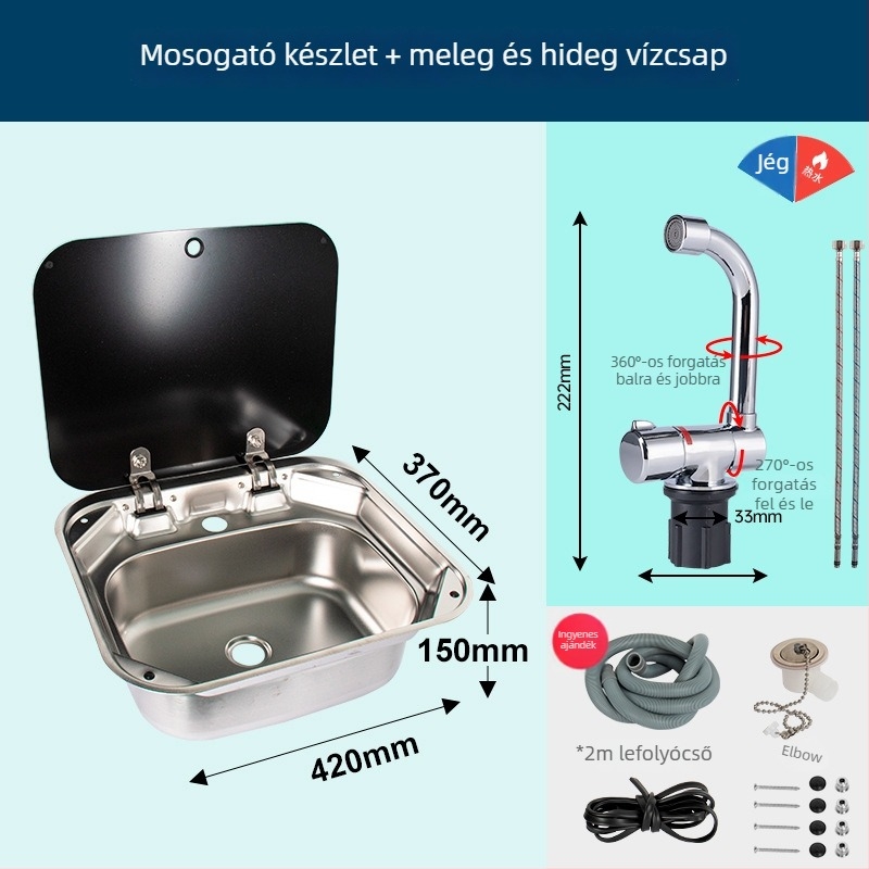 RV mosogató fedéllel, összecsukható felsőfedéllel, egymedencés rozsdamentes acél négyszögletes mosogató (Márka: Yumu; kompatibilis RV-vel)