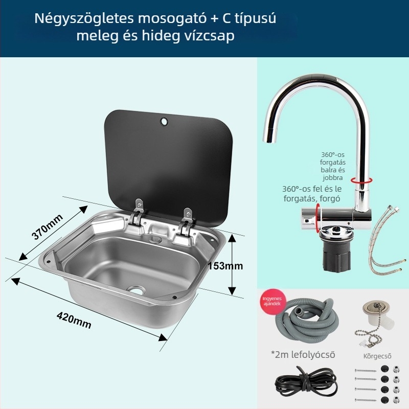 RV mosogató fedéllel, összecsukható felsőfedéllel, egymedencés rozsdamentes acél négyszögletes mosogató (Márka: Yumu; kompatibilis RV-vel)