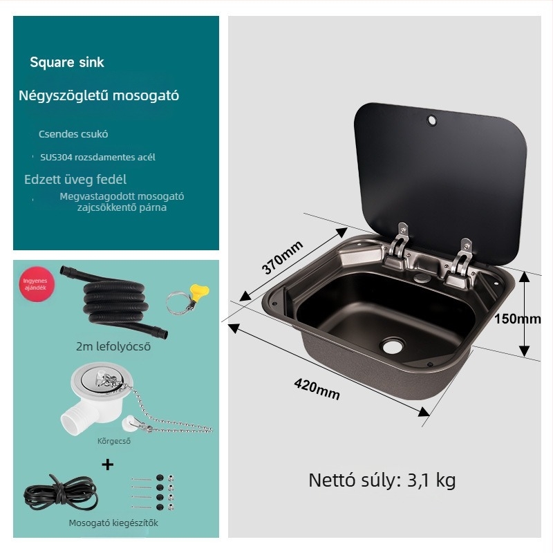 RV mosogató fedéllel, összecsukható felsőfedéllel, egymedencés rozsdamentes acél négyszögletes mosogató (Márka: Yumu; kompatibilis RV-vel)
