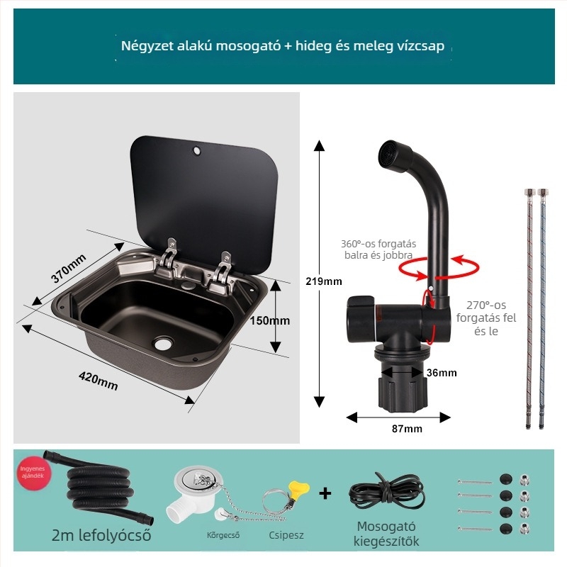 RV mosogató fedéllel, összecsukható felsőfedéllel, egymedencés rozsdamentes acél négyszögletes mosogató (Márka: Yumu; kompatibilis RV-vel)