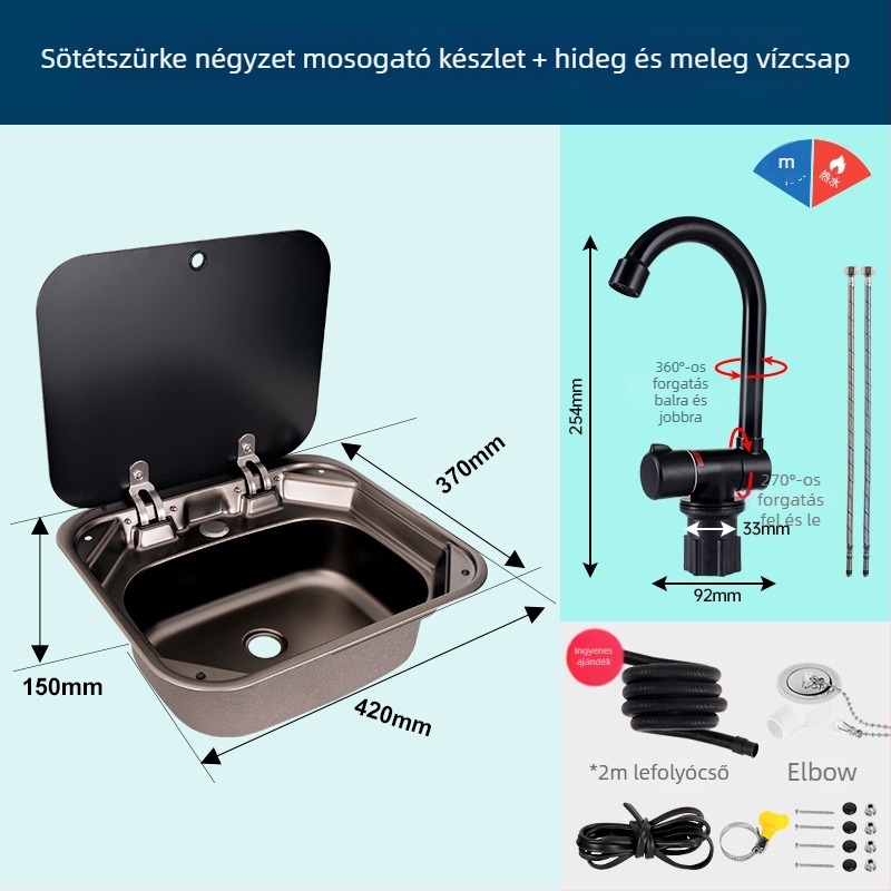 RV mosogató fedéllel, összecsukható felsőfedéllel, egymedencés rozsdamentes acél négyszögletes mosogató (Márka: Yumu; kompatibilis RV-vel)