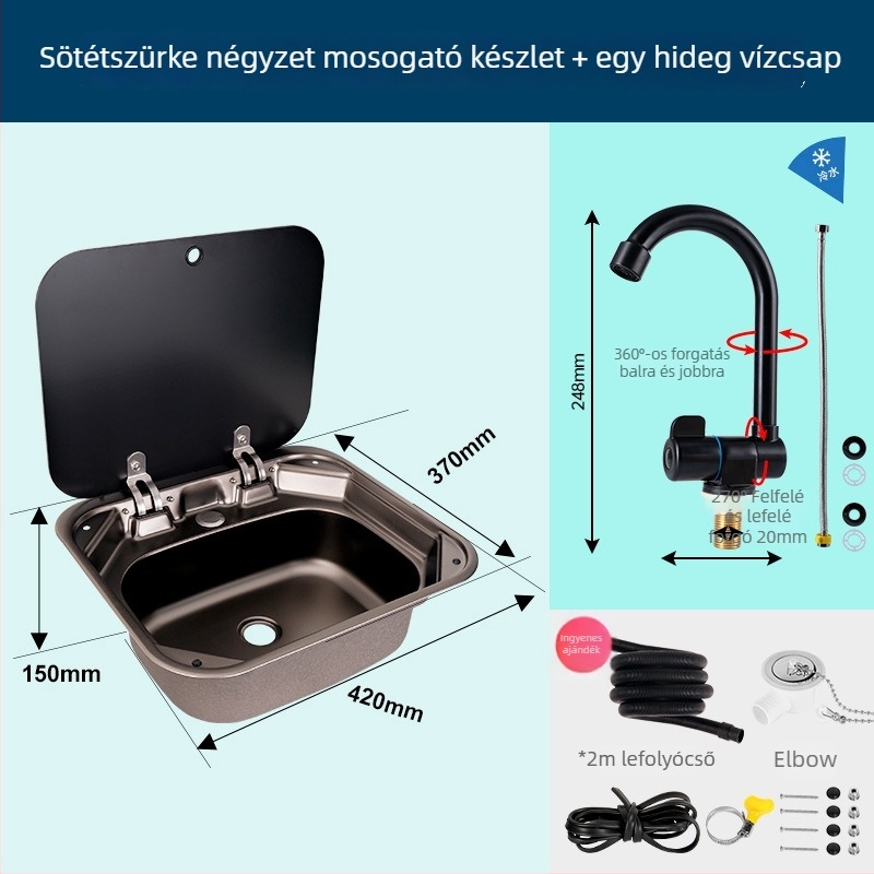RV mosogató fedéllel, összecsukható felsőfedéllel, egymedencés rozsdamentes acél négyszögletes mosogató (Márka: Yumu; kompatibilis RV-vel)