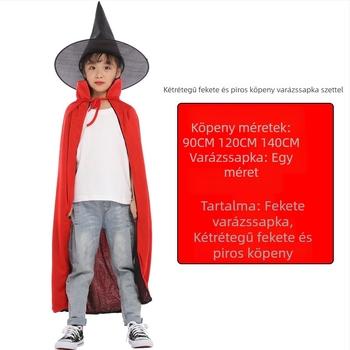 Halloween köpeny gyerekeknek és felnőtteknek, fekete–piros kettős rétegű mágus köpeny sapkával