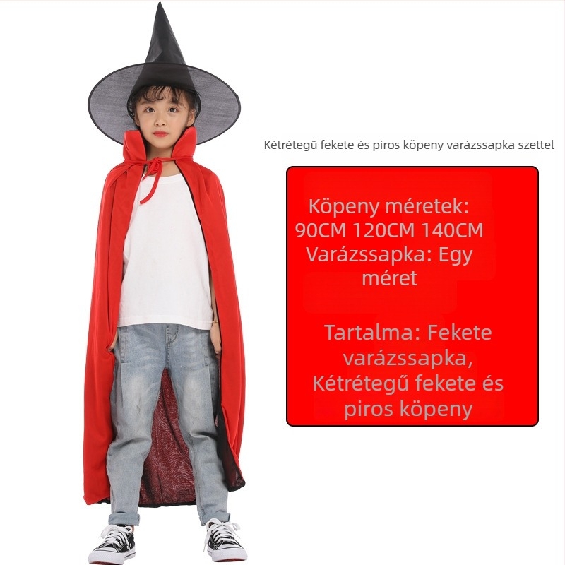Halloween köpeny gyerekeknek és felnőtteknek, fekete–piros kettős rétegű mágus köpeny sapkával