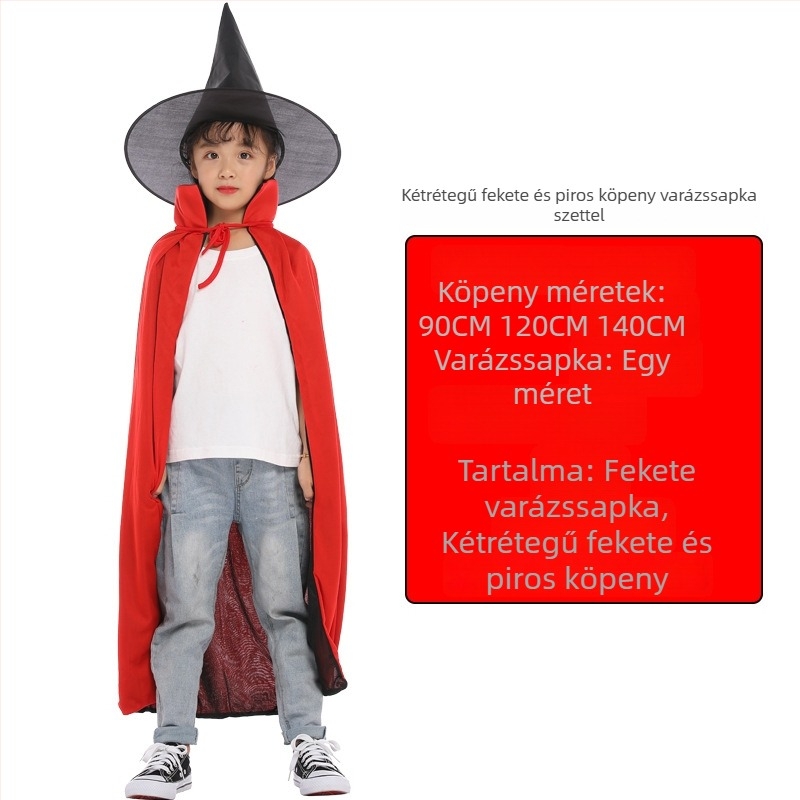 Halloween köpeny gyerekeknek és felnőtteknek, fekete–piros kettős rétegű mágus köpeny sapkával