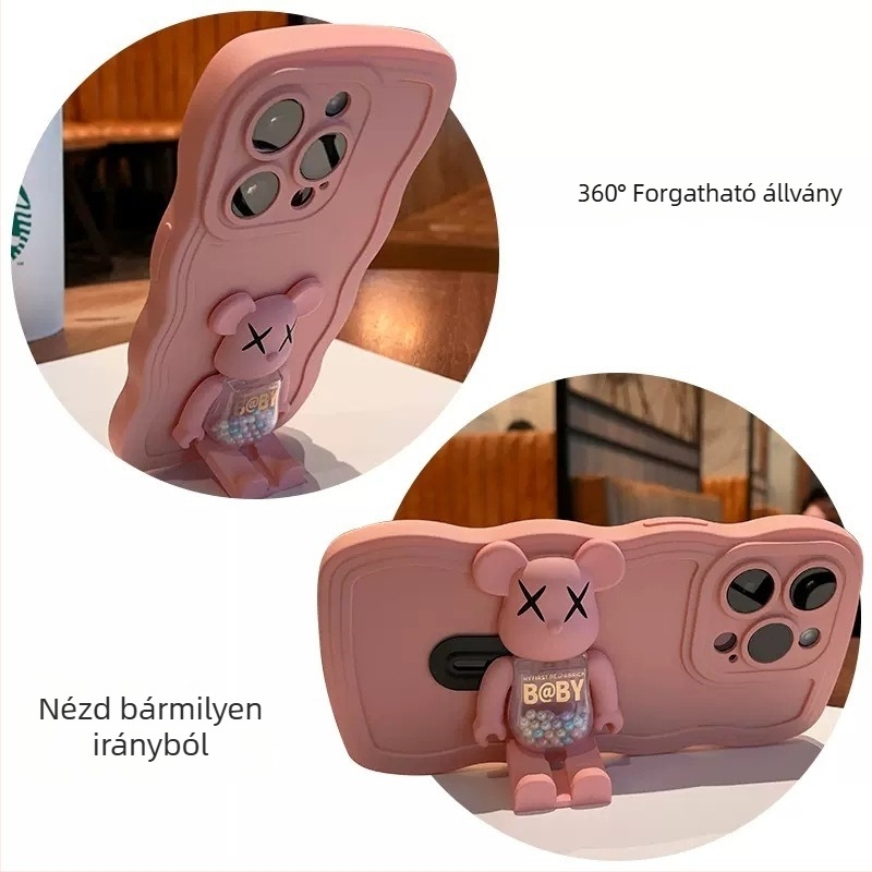 XRS iPhone tok, teljes TPU, ütésálló tartóval és gyöngyház forgó medve alakú tartóval, iPhone 13/14 sorozathoz