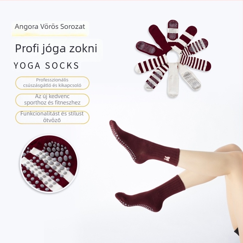 Lábszárig érő jóga zokni hímzett csíkokkal, pamutból, nedvszívó, csúszásmentes