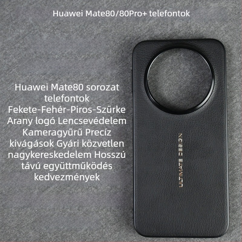 Huawei Mate80 védőtok arany logóval, sima bőr, kamera objektív védelme, esésálló