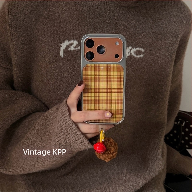 Retro színblokkok narancs-kék kockás mintával iPhone 13/14/16/17 Pro/Max számára, domborított felületű védőtok esésvédelmi funkcióval