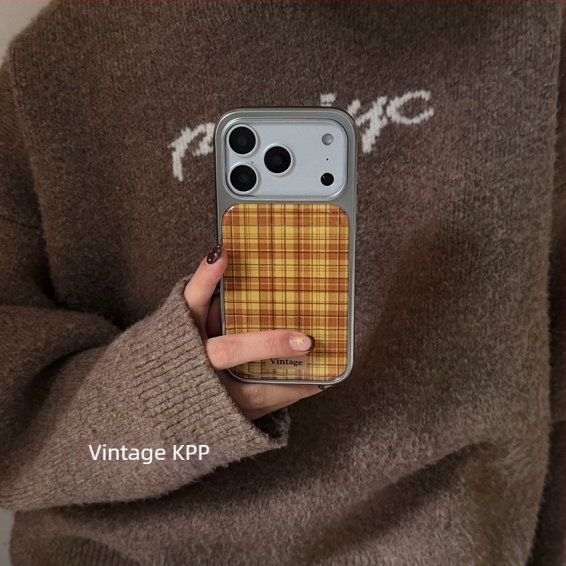 Retro színblokkok narancs-kék kockás mintával iPhone 13/14/16/17 Pro/Max számára, domborított felületű védőtok esésvédelmi funkcióval