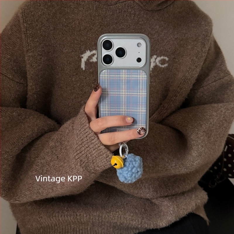 Retro színblokkok narancs-kék kockás mintával iPhone 13/14/16/17 Pro/Max számára, domborított felületű védőtok esésvédelmi funkcióval