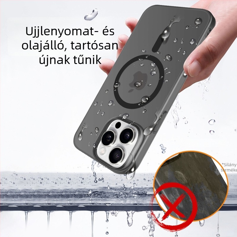 iPhone 17 Pro Max tok – matt Frosted Ice Mist felület, mágneses rögzítés, ultra vékony, ütésálló, fekete.