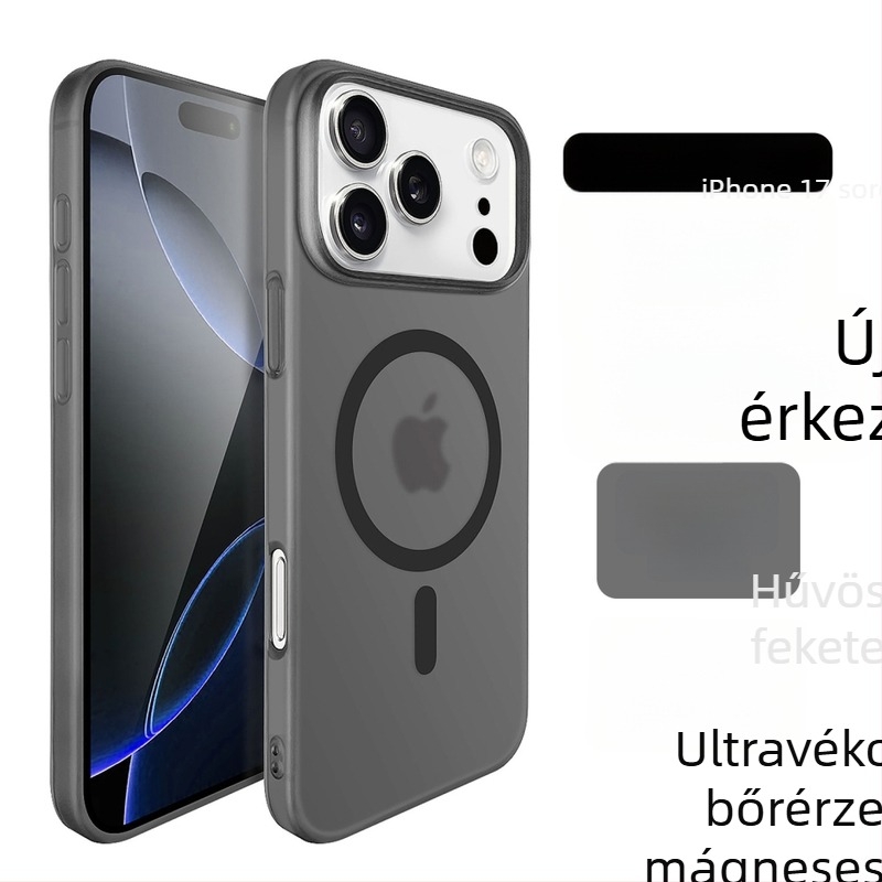 iPhone 17 Pro Max tok – matt Frosted Ice Mist felület, mágneses rögzítés, ultra vékony, ütésálló, fekete.