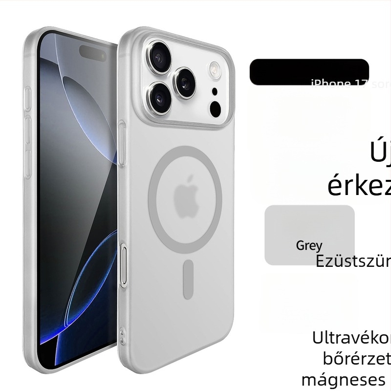 iPhone 17 Pro Max tok – matt Frosted Ice Mist felület, mágneses rögzítés, ultra vékony, ütésálló, fekete.
